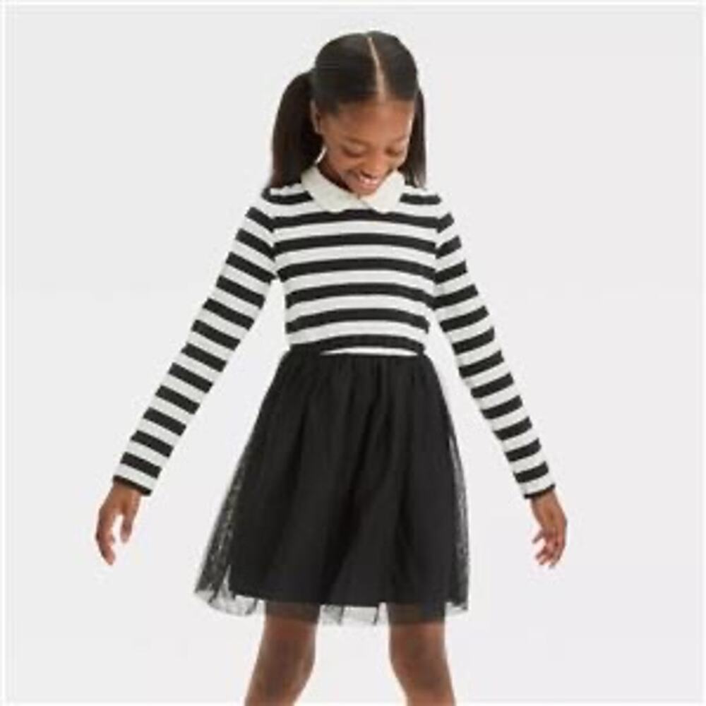 Cat & Jack Black & White Striped Tulle Skirt Dress - XS (4/5)